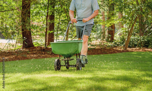 Man fertilizing and seeding residential backyard lawn with manual grass fertilizer spreader. photo