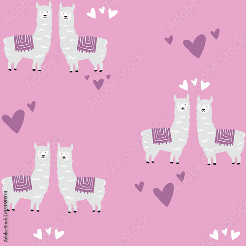 Seamless pattern with cute llama and pink cacti. Vector hand drawn illustration.