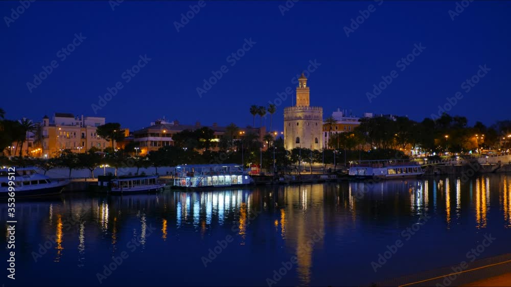 Torre Del Oro Timelapse 4k in Seville Spain City Center with Tourists Visiting the City. Torre Del Oro Timelapse 4k in Seville Spain City Center with Tourists Visiting the City.