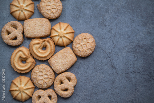 Traditional Danish cookies on concrete background. Top view. Copy space.