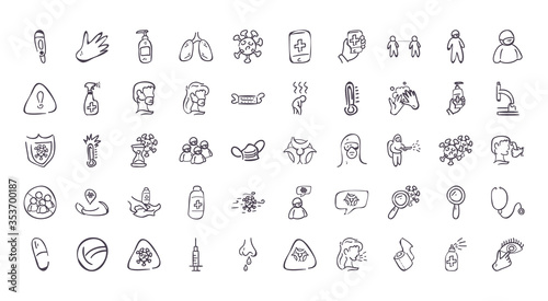 Medical care and covid 19 virus line style icon set vector design