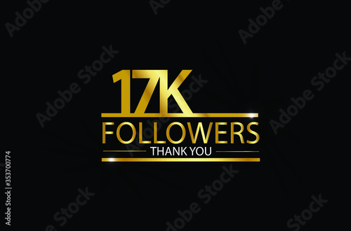 17K, 17.000 Followers celebration logotype with golden and Spark light white color isolated on black background for social media - Vector