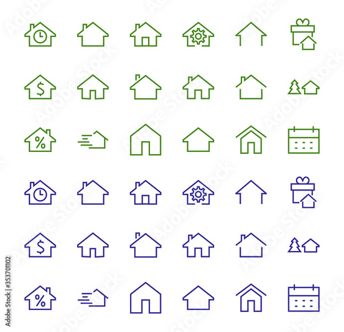 Simple set of line vector home icons. Contains house symbols at interest, infuse house and more. Editable stroke. 480x480 pixels perfect