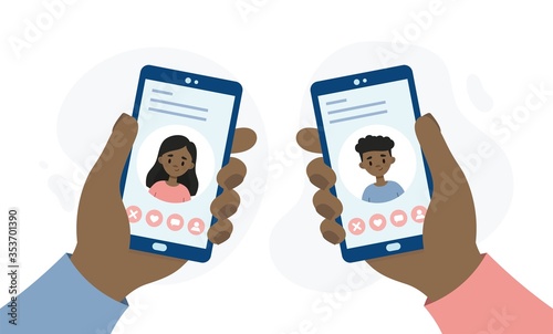 Dating application for smartphones. Hands holding smartphones. People dating through an online app.