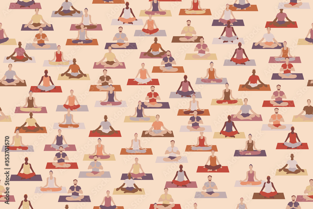 Yoga people sitting in lotus position, seamless pattern. Repetitive vector illustration.