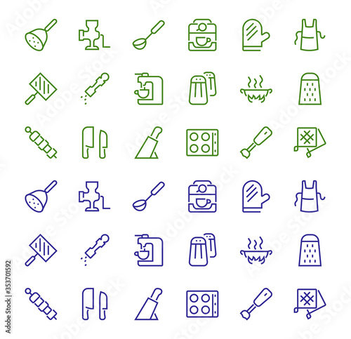 KITCHEN ICON Cooking process, Kitchen tools, Icon set, thin line vector has a blender, oven, knife, grater, barbecue, apron, barbecue, grill, coffee machine, kitchen glove, Editable stroke