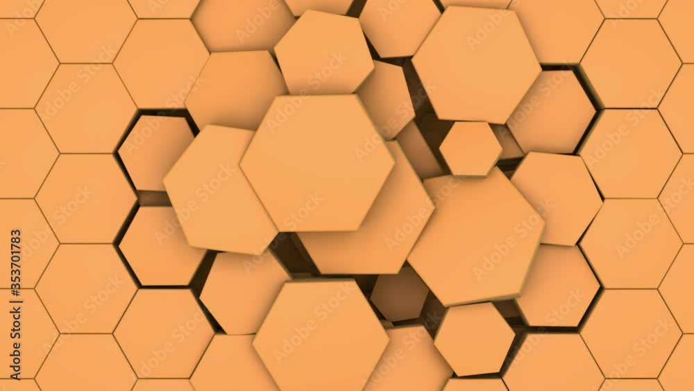 3D animation of a yellow background of hexagons that change the size and restore the structure again. Seamless animation, with the possibility of continuous playback. 3D animation of a yellow background of hexagons that change the size and restore the structure again. Seamless animation, with the possibility of continuous playback.