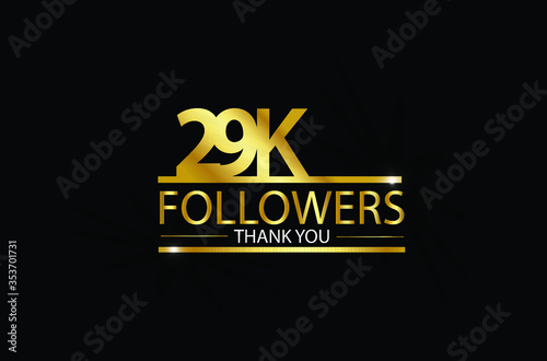 29k, 29.000 Followers celebration logotype with golden and Spark light white color isolated on black background for social media - Vector photo