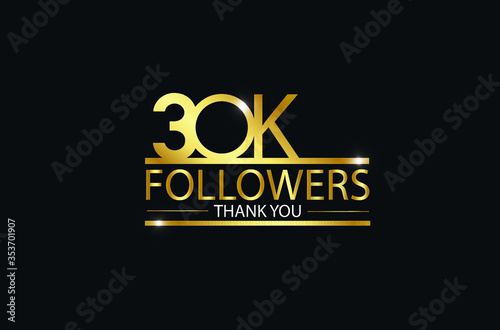 30k, 30.000 Followers celebration logotype with golden and Spark light white color isolated on black background for social media - Vector