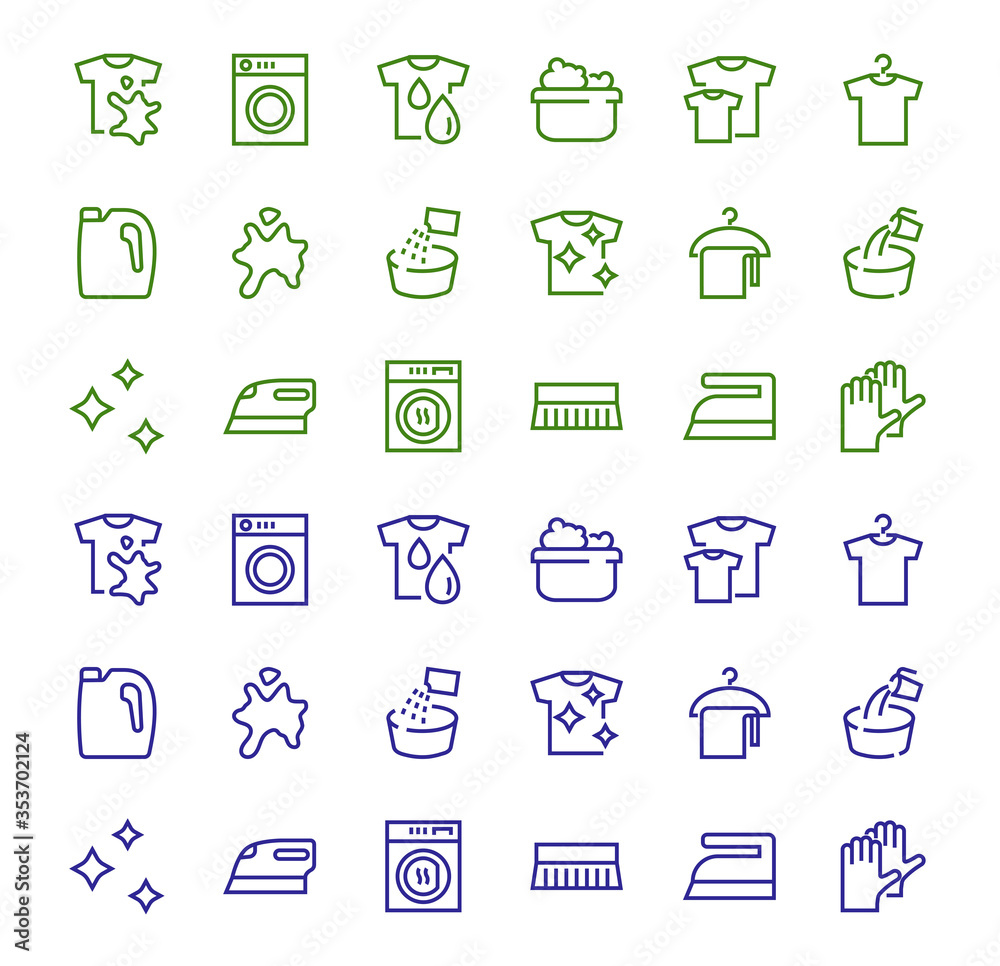 Simple set of washing related vector line Icons. Contains icons such as washing machine, powder, laundry, dirty t-shirt and much more. On a white background, editable stroke. 48x48 pixels perfect