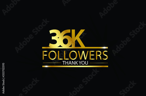 36K, 36.000 Followers celebration logotype with golden and Spark light white color isolated on black background for social media - Vector