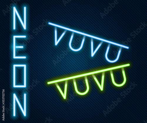 Glowing neon line Carnival garland with flags icon isolated on black background. Party pennants for birthday celebration, festival decoration. Colorful outline concept. Vector. Illustration