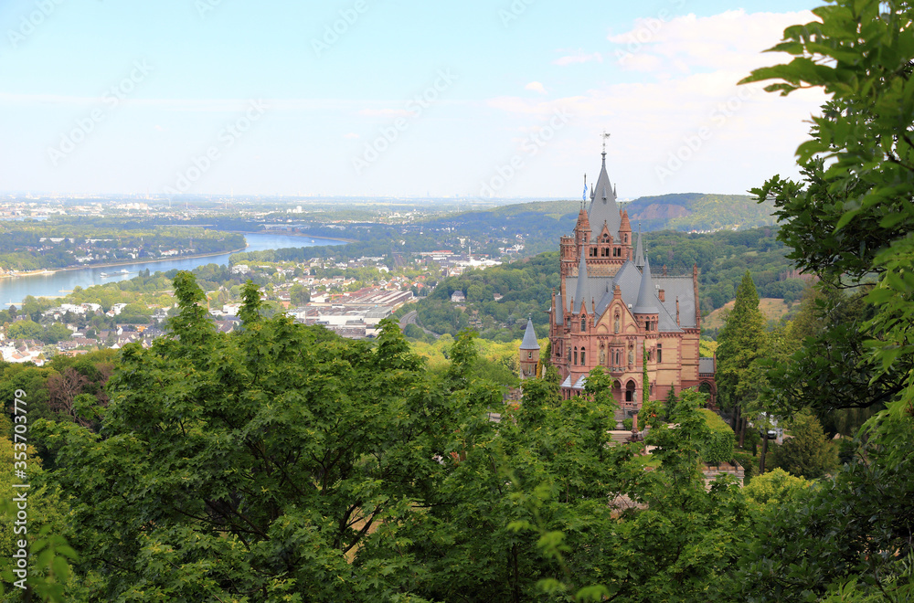 Drachenburg Castle, Rhine valley and the city of Bonn. Germany, Europe.
