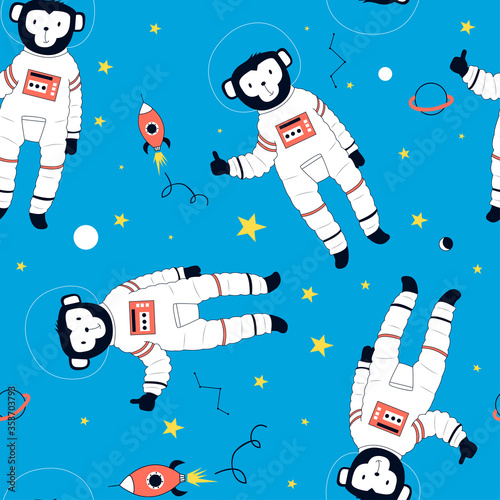 Hand drawn astronaut monkey seamless pattern. Space background. Space doodle illustration. Vector illustration. Seamless pattern with cartoon space rockets, planets, stars 