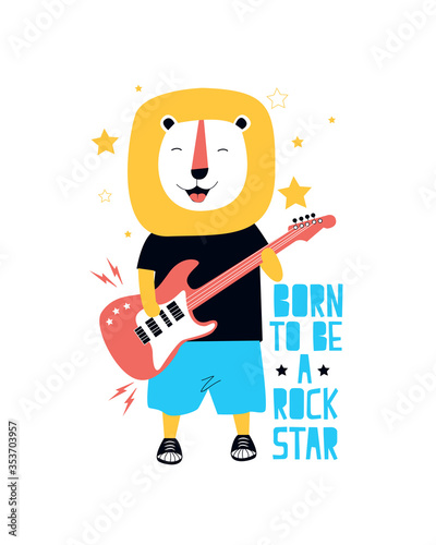 Hand drawn rock and roll elements and lion with slogans. Vector illustration.	