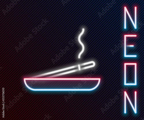 Glowing neon line Scented spa stick on a wooden stand icon isolated on black background. Incense stick. Cosmetic procedure aromatherapy. Colorful outline concept. Vector. Illustration