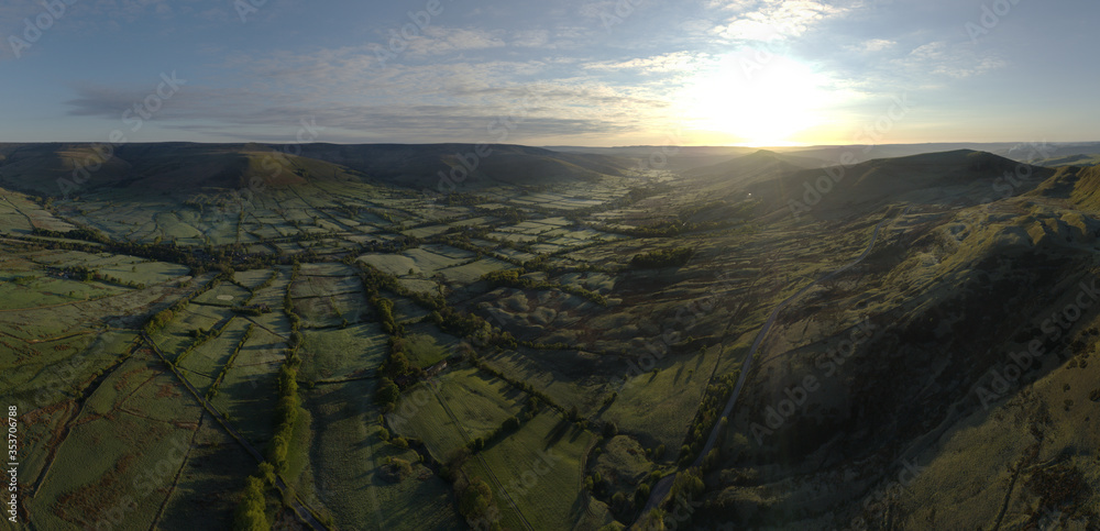Peak District National Park panoramic sunrise shot over Edale Valley