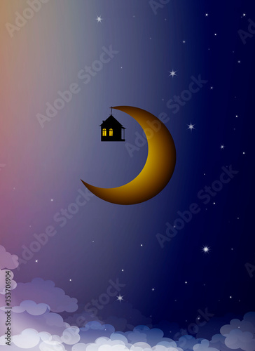 sweet home dreams concept, house hanging on the moon in the sky, time dreaming, (ID: 353706904)