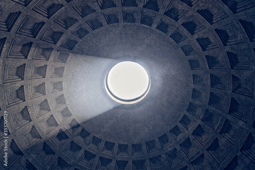 Pantheon dome as seen from inside the Pantheon with a visible light beam coming through the oculus, or open hole