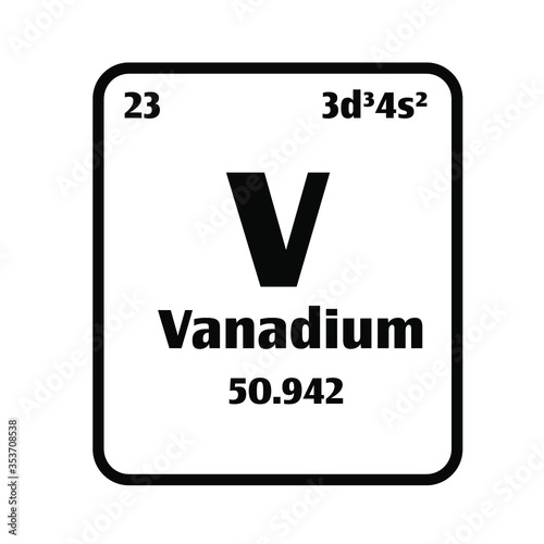 Vanadium (V) button on black and white background on the periodic table of elements with atomic number or a chemistry science concept or experiment.	