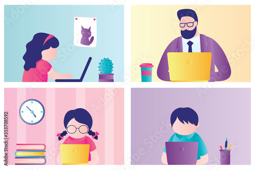 Banner of online school education. Children stay home and engaged on computer.