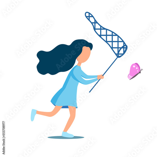 Girl catching butterfly with a net. Flat style. Vector isolated.