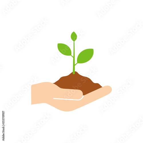 Plant grown icon. Gardener holding a green sprout in hand. Ecology life vector illustration isolated on white background. © Віталій Баріда