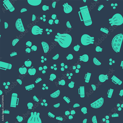 Set Khinkali on cutting board, Thermos container, Apple and Taco with tortilla on seamless pattern. Vector.