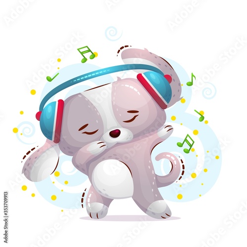 The cute dog dances in headphones and shows a gesture of dab. Vector illustration in the style of a cartoon on a white background