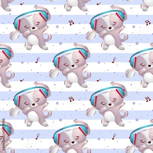 The cute dog dances in headphones and shows a gesture of dab. Vector seamless pattern