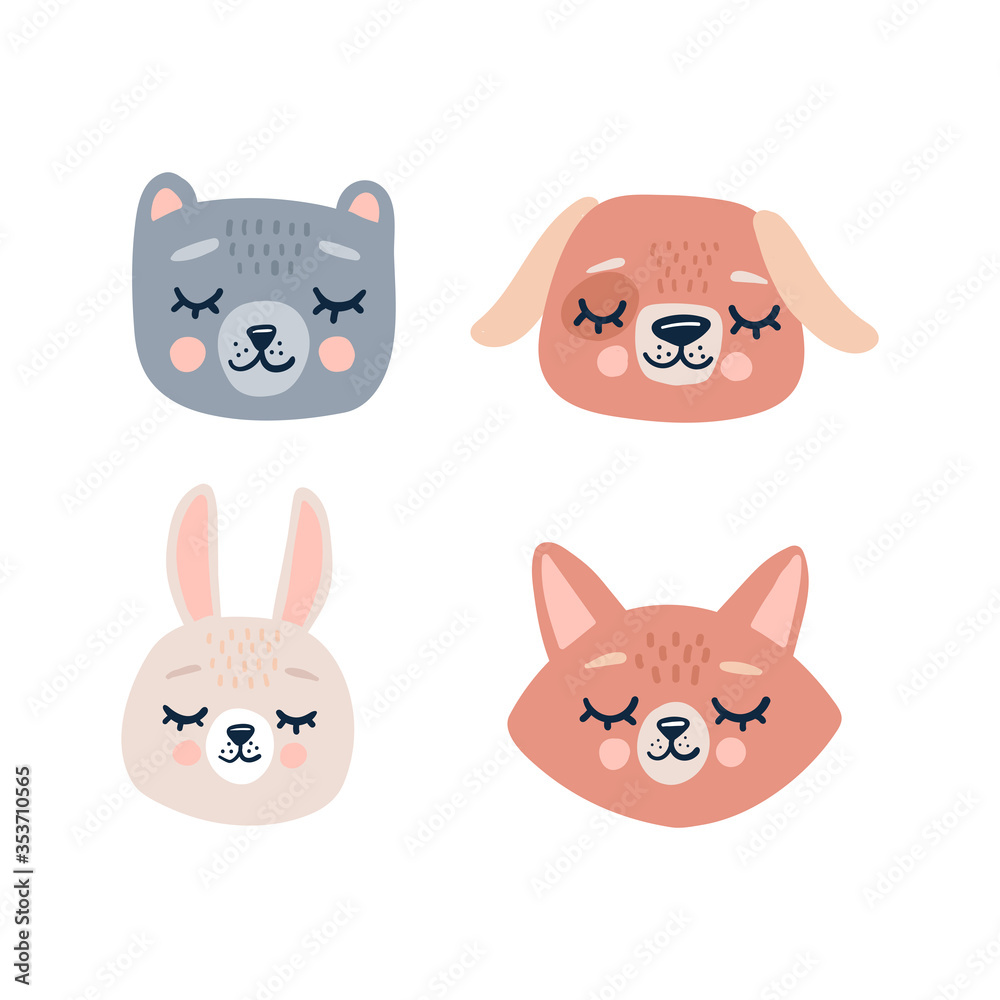 Cute animals heads with closed eyes. Cute cartoon funny character. Pet baby print collection. Scandinavian style. Cute animals heads with closed eyes. Cute cartoon funny character. Pet baby print collection. Scandinavian style.