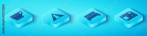 Set Isometric Coffee cup, Tourist tent, Passport with visa stamp and Big bed icon. Vector.