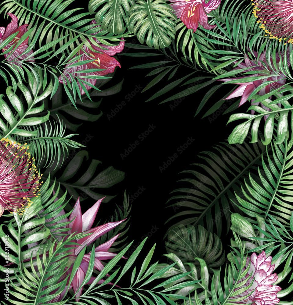 Fototapeta premium Bright set of tropical leaves and exotic flowers in high quality and detailed drawing.