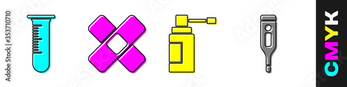 Set Test tube and flask, Crossed bandage plaster, Medical bottle with nozzle spray and Medical digital thermometer icon. Vector.