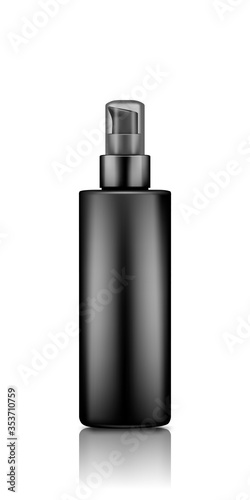 Black pump serum bottle mockup with transparent cap isolated on white background. Plastic package design. Blank cosmetic, hygiene, skincare template. 3d realistic vector illustration
