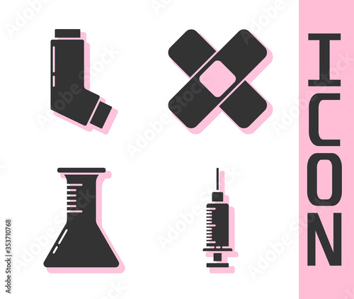 Set Syringe, Inhaler, Test tube and flask and Crossed bandage plaster icon. Vector.