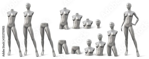 Set of silver female mannequins of different parts. Three quarter front view. Vector illustration isolated on white background.