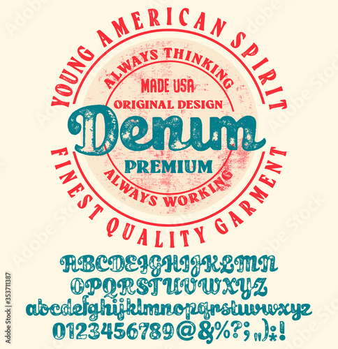 Vintage brush script lettering font. Handwritten calligraphic alphabet for t-shirt or apparel. Textured unique brush in alphabet style.Old school vector graphic for fashion and printing.