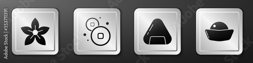 Set Lotus flower, Chinese Yuan currency, Sushi and Sushi icon. Silver square button. Vector.