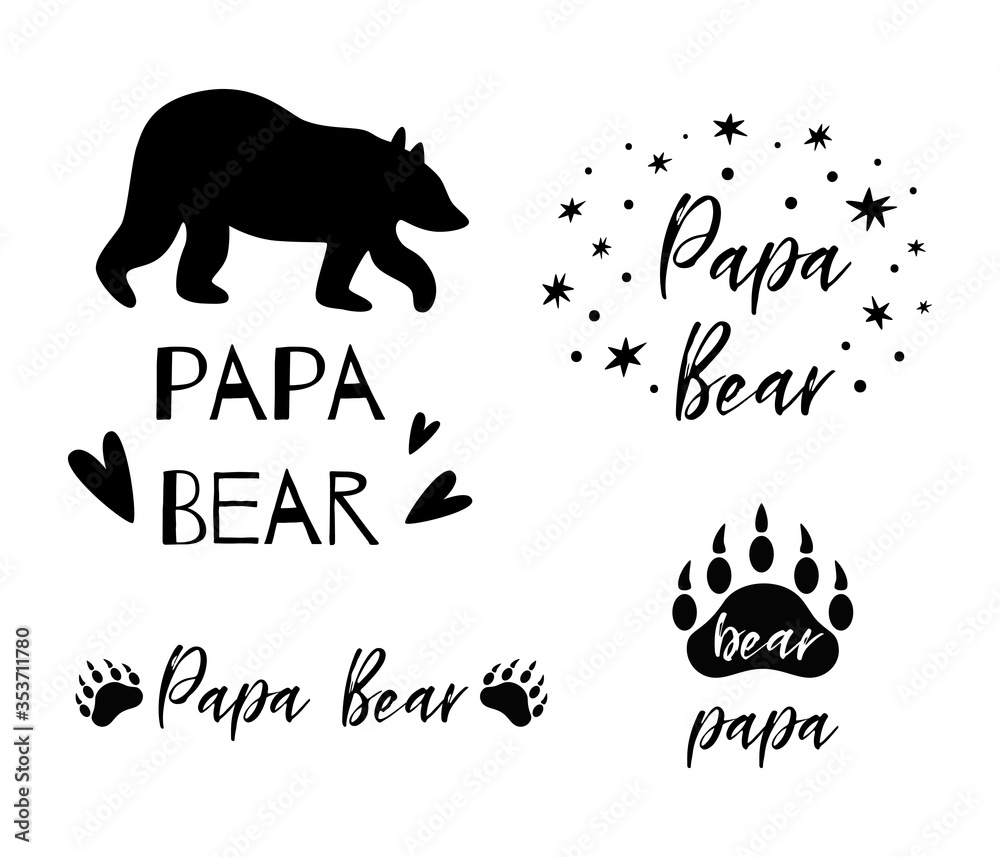 Papa bear text collection. Black bear silhouette paw symbol. Simple papa  bear set. Cute fathers day card. Vector Stock Vector