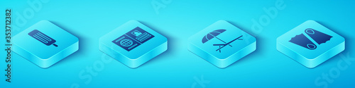 Set Isometric Ice cream, Passport, Rubber flippers and Sunbed and umbrella icon. Vector.
