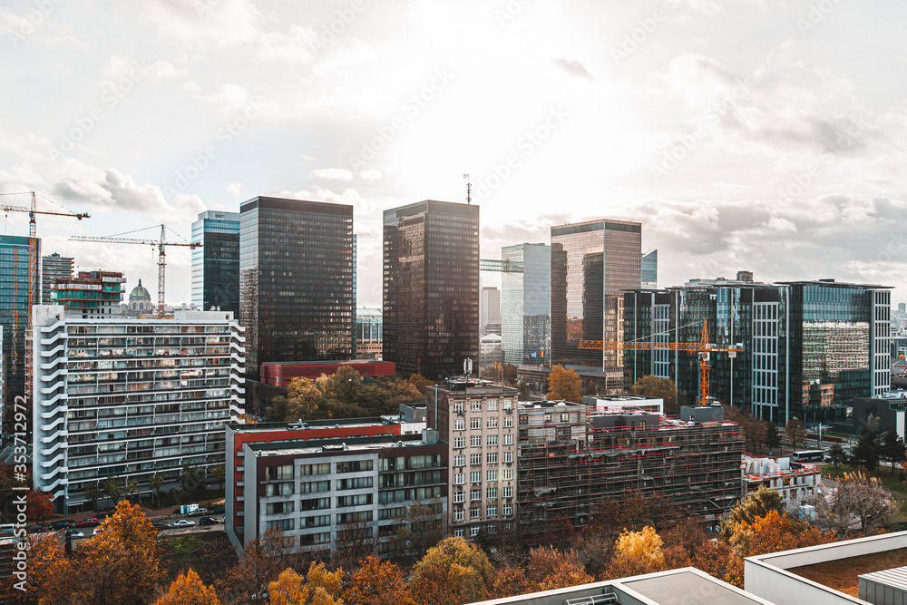 Obraz premium Cityscape of downtown Brussels with business scyscrapers in late morning hours