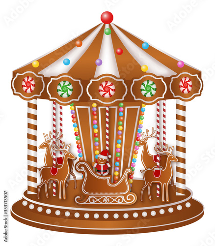 christmas gingerbread carousel with santa claus, sleigh and reindeers
