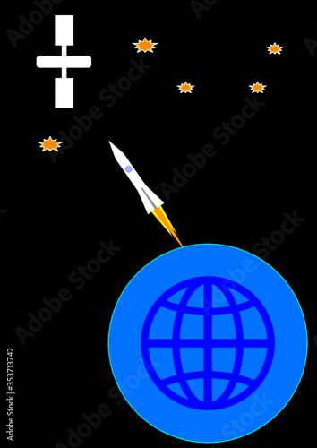 A carrier rocket with astronauts flies to the international space station. Space program. The conquest of space by man. Space trip. Poster. Template for text. Vector image.