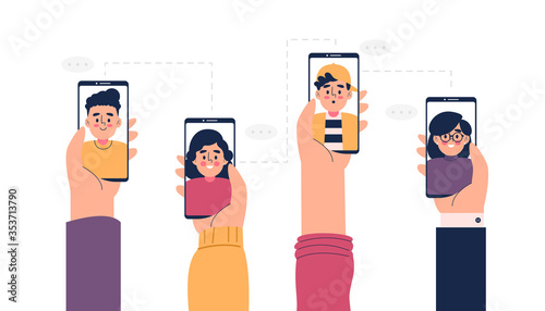Set hand holding smart phone and make a video call