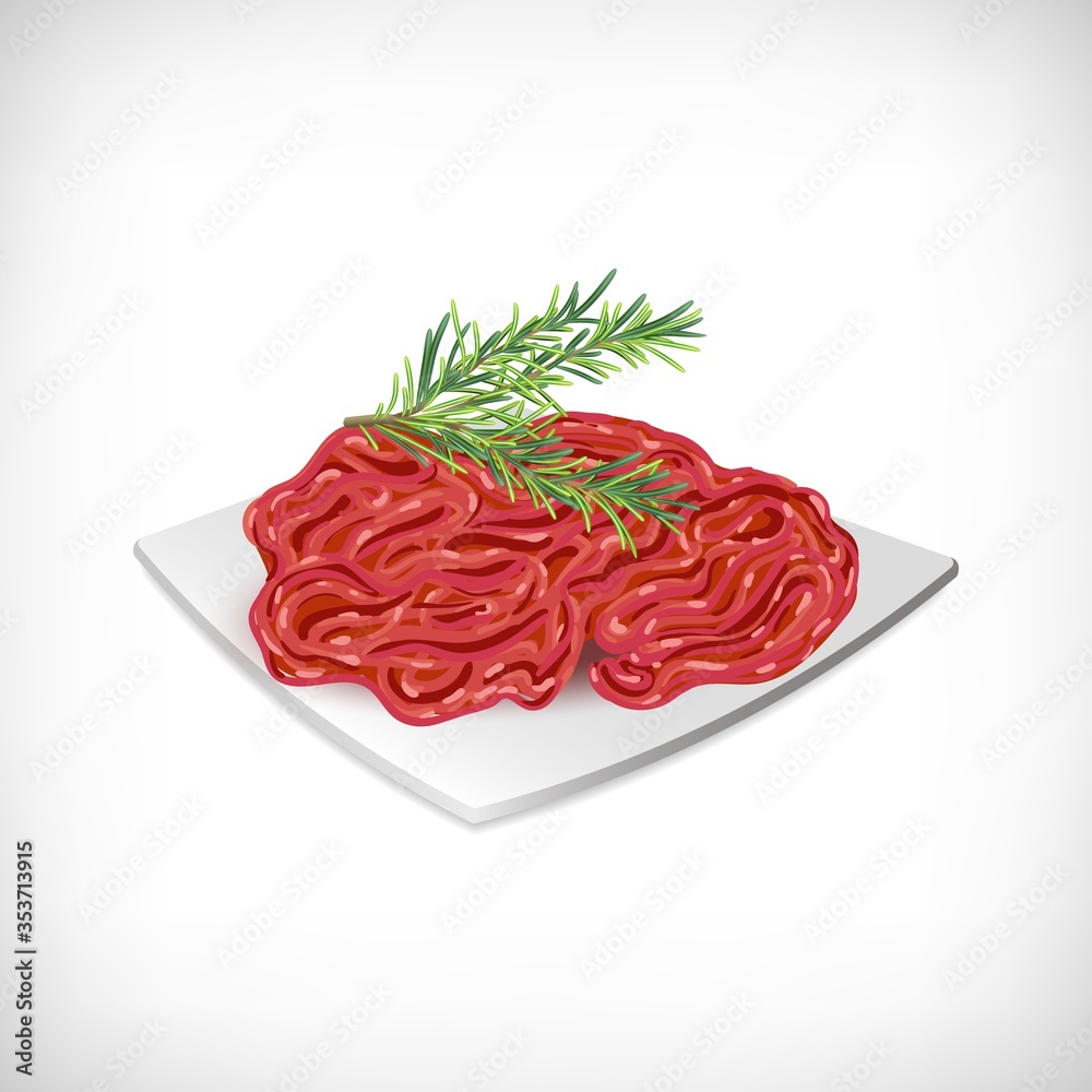 Minced meat with spice plant rosemary twig on a white plate. Minced meat with spice plant rosemary twig on a white plate.
