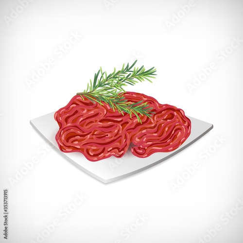 Minced meat with spice plant rosemary twig on a white plate.