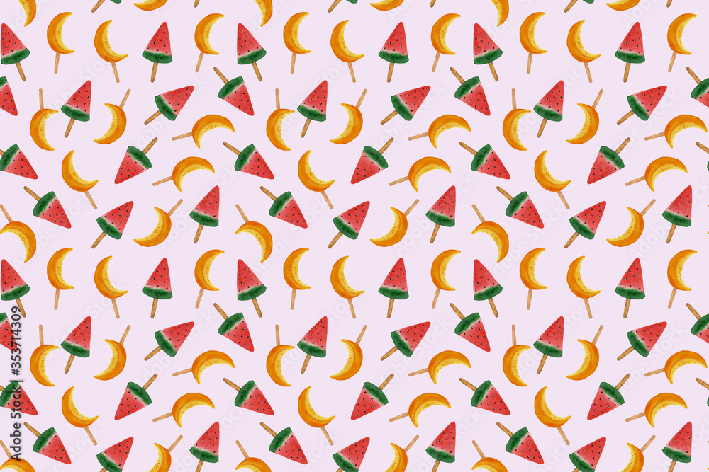 Seamless watercolor pattern of watermelon and melon ice cream on soft pink background. Hand-drawn pattern for birthday invitation, summer menu, poster, textile, wallpaper, wrapping paper, printing. Seamless watercolor pattern of watermelon and melon ice cream on soft pink background. Hand-drawn pattern for birthday invitation, summer menu, poster, textile, wallpaper, wrapping paper, printing.