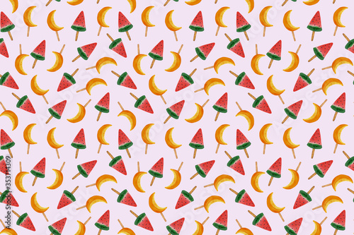Seamless watercolor pattern of watermelon and melon ice cream on soft pink background. Hand-drawn pattern for birthday invitation, summer menu, poster, textile, wallpaper, wrapping paper, printing.
