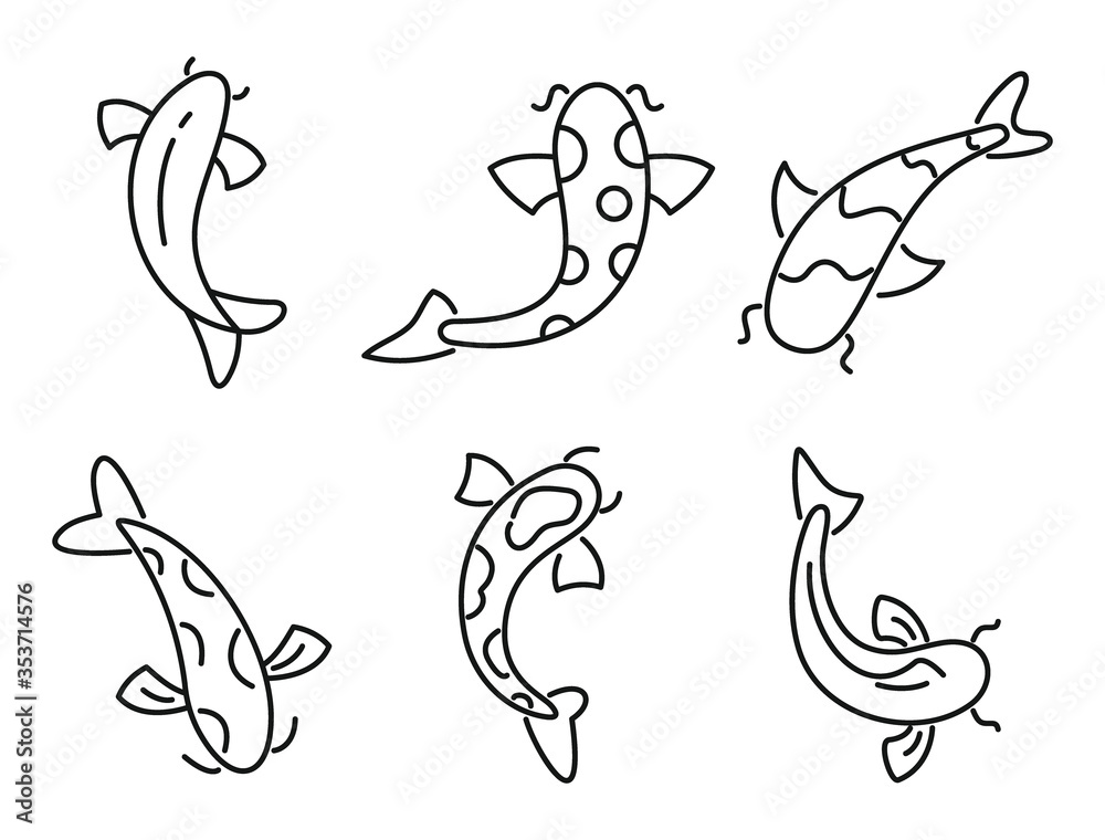 Koi carp icons set. Outline set of koi carp vector icons for web design isolated on white background